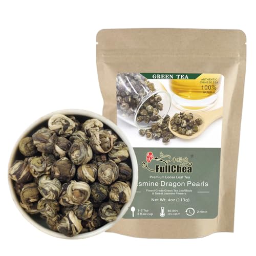 FullChea - Jasmine Pearl Tea - Jasmine Dragon Pearls - Loose Leaf Green Tea - Jasmine Green Tea with Delightful Aroma 4oz / 113g