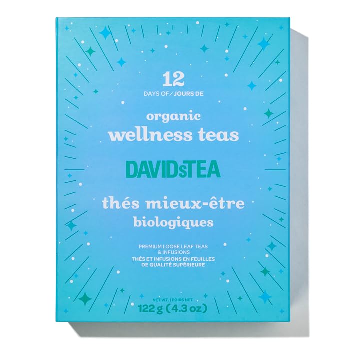 DAVIDsTEA 12 Days of Wellness Teas – 12 Organic Loose Leaf Tea Sampler Gift Set, 24 Servings, Variety Pack of Herbal, Chai, Oolong & Green Tea