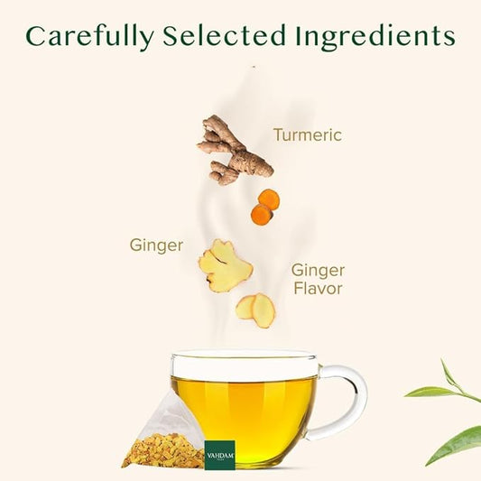 VAHDAM, Turmeric Ginger Herbal Tea Bags (30 Pyramid Tea Bags) Caffeine Free, Non GMO, Gluten Free | 100% Pure Herbal Blend - Savory & Spicy | Individually Wrapped Pyramid Tea Bags | Direct from Source