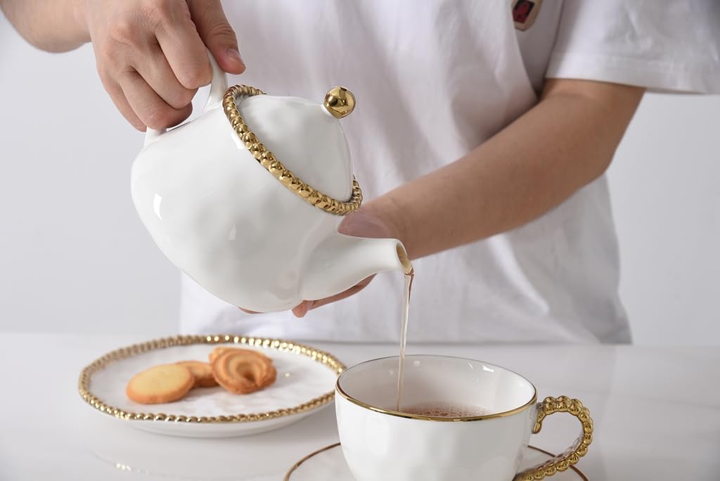 Pampa Bay Salerno Tea Pot with Cover, 16 oz, 6.75 x 4.75 x 5.75 Inches, White with Silver Beading