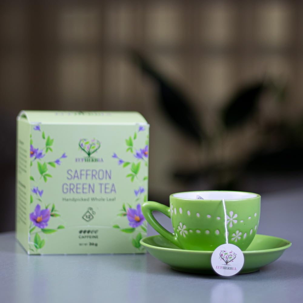 Eupherbia Saffron Green Tea, Handpicked, Highland Grown Whole Leaf Tea, Enriched with Premium Saffron Threads, Herbaceous, Grassy, Bittersweet, Individually Wrapped Tea Sachets (2 Pack)