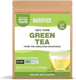 HANDPICK, Green Tea Loose Leaf (255g/9oz) 127 Cups | Non-GMO, 100% Pure Green Tea Leaves Sourced from Himalayas, India | Resealable Ziplock Pouch