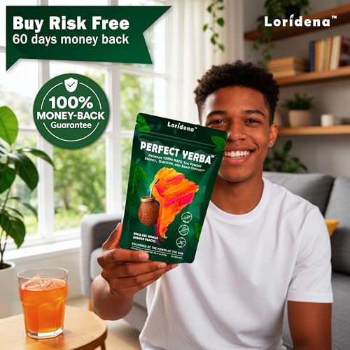Perfect Yerba - Yerba Mate Tea Powder Instant Drink with Nootropics, Probiotics & Enzymes - Clean Energy, Focus, Gut Support - 100mg Natural Caffeine, No Sugar - Mango Peach, 30 servings