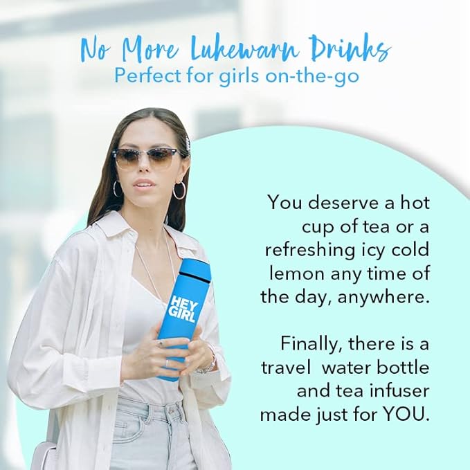 Hey Girl Tea Infuser Bottle 450ml - Insulated Stainless Steel Water Bottle - Tea Tumbler with Tea Diffuser