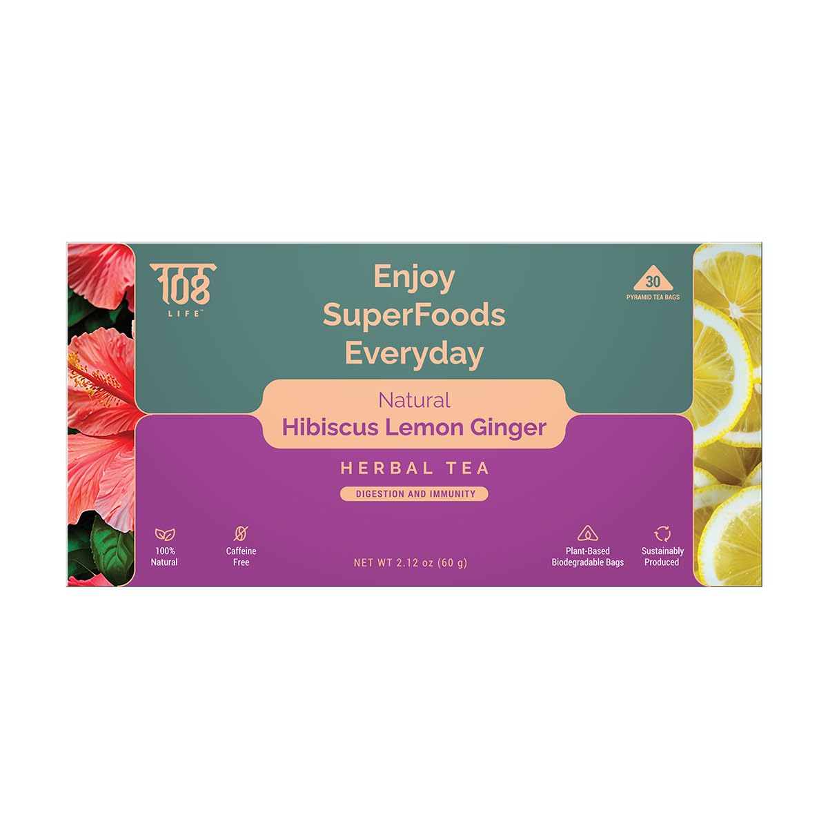 108 LIFE Natural Hibiscus Lemon Ginger Herbal Tea | 100% Natural | Caffeine Free | Supports Digestion & Immunity | With Plant-Based Biodegradable Bags | 30 Pyramid Tea Bags