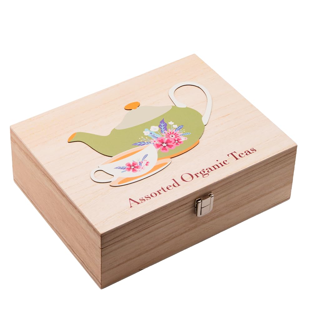 Mementa Inc Organic Wooden Tea Chest - 60 Tea Bags Individually Wrapped : Assorted Tea Variety Pack containing Black, Green, and Herbal caffeine-free teas : Tea Sampler Tea Set