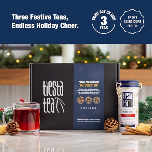 Tiesta Tea - Holiday Loose Leaf Tea Gift Set, High to Non-Caffeinated Holiday Blends, 3 Tins of Hot & Iced Brews Variety Pack, Fireside Spice, Peppermint Cocoa & Cocoa Mocha