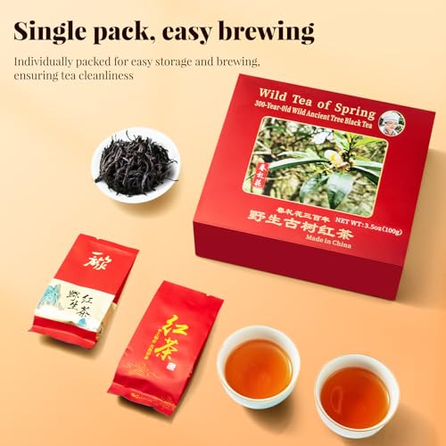 The Spring Tea Premium Grade Wild Tree Black Tea From 300+ Year Old Tree, Loose Leaf Tea, Organic, With Individual Pack, Just harvested in Spring, Exquisite, Handpicked, Gift Package, 3.5oz/100g