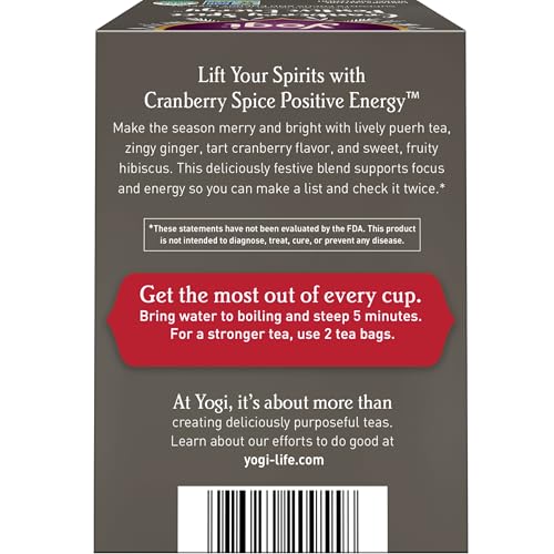 Yogi Tea Cranberry Spice Positive Energy - Organic Puerh Tea - Supports Focus & Energy - Caffeinated - Includes Cinnamon, Ginger & More - 16 Tea Bags Per Pack (4 Packs)