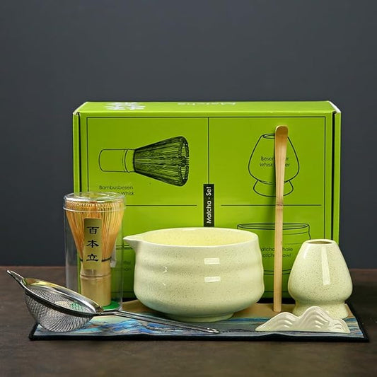7 matcha whisk set 1 Matcha Whisk ，Matcha Bowl with Pouring Spout Scoop Matcha Whisk Holder Tea Making Kit. 1 matcha whisk set (7pcs), 15.2 Ounce (Yellow)