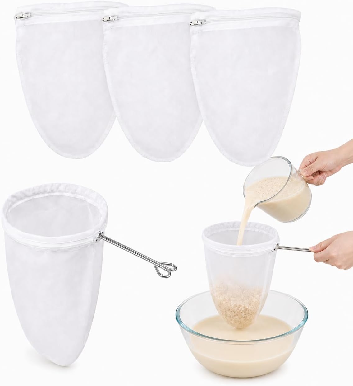 RAINFLOW 3PCS Ultra Fine Mesh Strainer Bags with Stainless Steel Handle