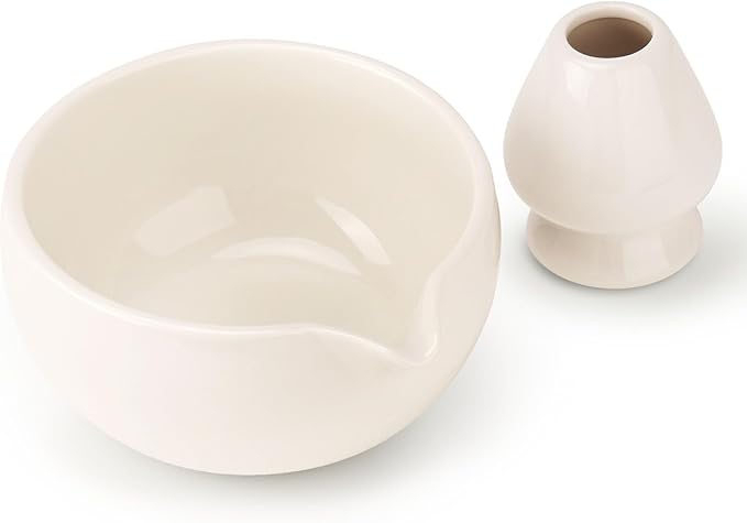 Matcha Bowl and Whisk Holder Set, Ceramic Tea Bowl and Whisk Stand, Matcha Tea Mixing Bowl with Spout (18 Ounce), Whisk Rest, Ivory White