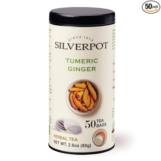 Silverpot Turmeric Ginger Tea - 50 Round Bags, Caffeine Free, 100% Natural, Spicy Flavor, Reusable Tin