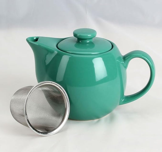 OmniWare 14 Ounce Teapot with Removable Stainless Steel Infuser (Teal) - Loose Leaf Tea Brewer, Microwave & Dishwasher Safe, Retro-Inspired Stoneware for Kitchen & Dining