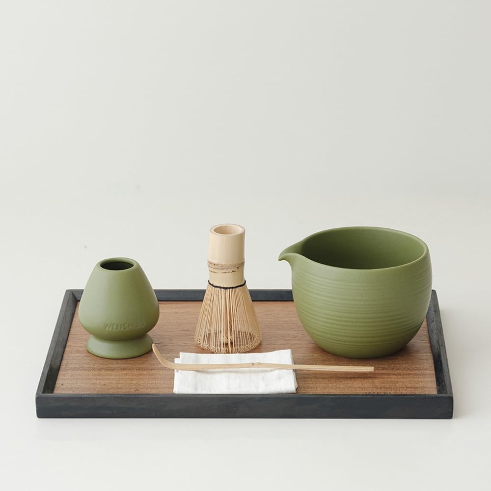 WENSHUO Matcha Whisk Set, Ceramic Matcha Bowl with Spout, Green,5-Pc | Matcha kit includes 20 oz bowl, 100-prong bamboo whisk, holder, and scoop. High walls and curved spout help prevent spills.