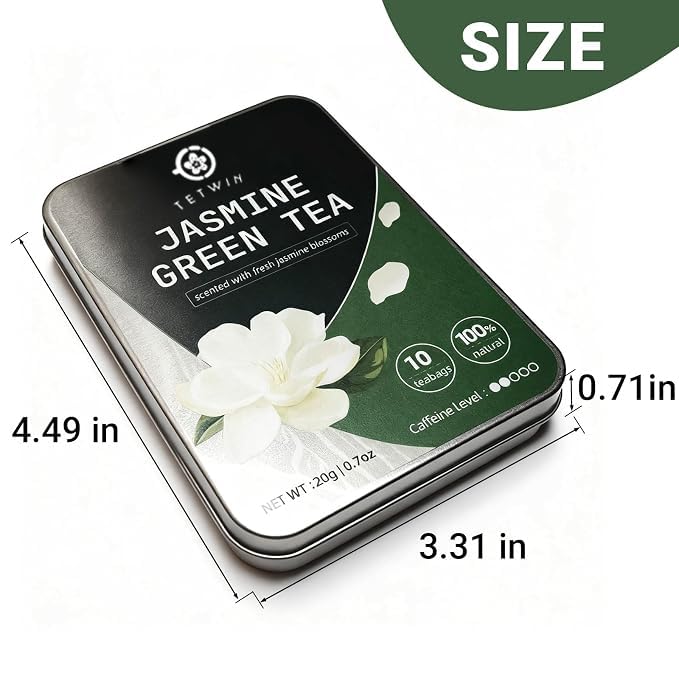 TETWIN Jasmine Green Tea Loose Leaf in PLA Tea Bags, 10ct Samplers in Mini Tin –Smooth Jasmin Aroma &amp; Gift-Ready, party favor