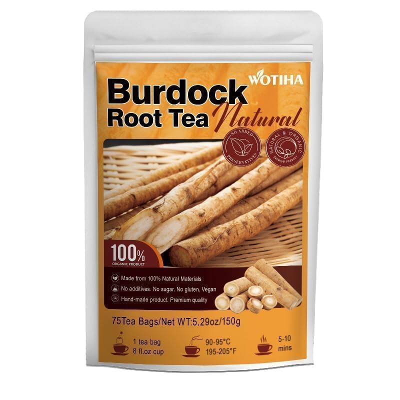 WOTIHA 75 Count Premium Burdock Root Tea Bags - 100% Natural, Supports Liver Health &amp; Detox, Eases Digestion, Non-GMO Caffeine-Free, Additive-Free, Sugar-Free, Vegan.