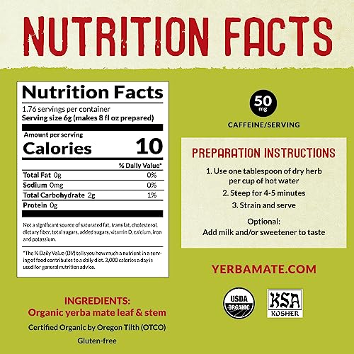 ECOTEAS Organic Yerba Mate Loose Leaf Tea – Unsmoked (Air Dried) Traditional Cut – 1 lb – From Argentina – Kosher, Non-GMO, Gluten-Free (Pack of 1)