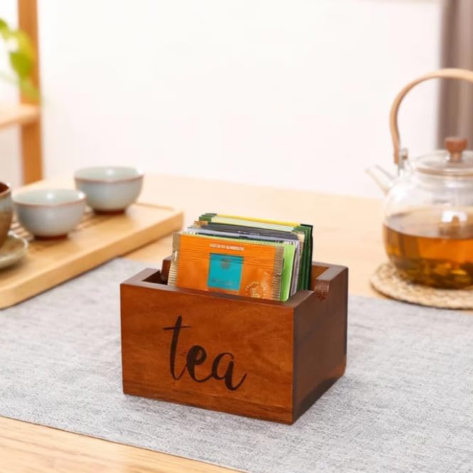 Acacia Sugar Packet Caddy for Coffee Bar, Farmhouse Wood Sugar Holder Packets , Sugar Packet Container, Small Tea Bag Organizer for Office Table,Hotel, Restaurant, Brown Labeled "Tea"