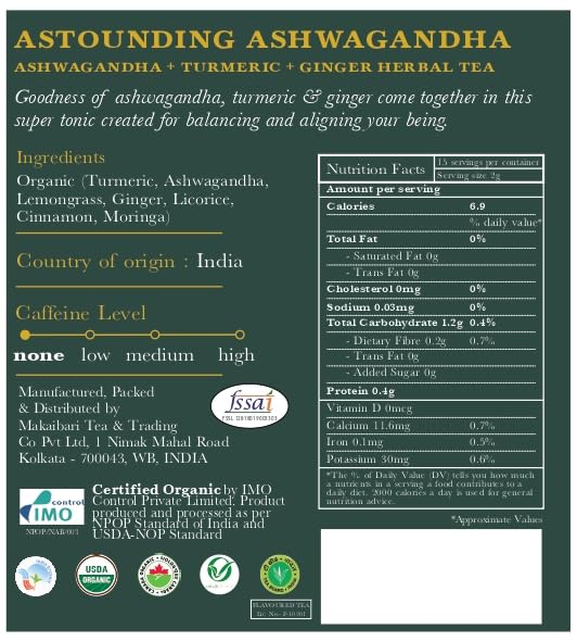Luxmi Estates Ashwagandha Turmeric Tea | Organic Loose Leaf, 100g/3.5oz, (50 Cups) | Herbal Blend with Ashwagandha, Turmeric, Ginger, Lemongrass | Caffeine-Free