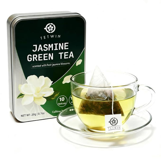 TETWIN Jasmine Green Tea Loose Leaf in PLA Tea Bags, 10ct Samplers in Mini Tin –Smooth Jasmin Aroma &amp; Gift-Ready, party favor