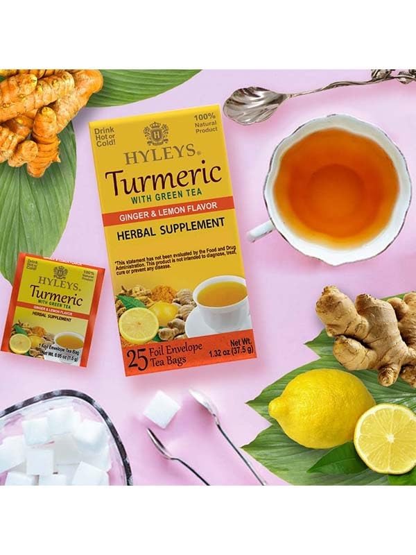 Hyleys Ginger Turmeric Tea Lemon Flavor - 25 Tea Bags (6 Pack - 150 Tea Bags Total) - Green Tea