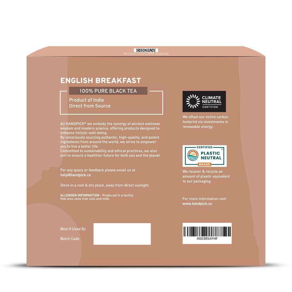 HANDPICK, Organic English Breakfast Black Tea Bags (100 Count) USDA Organic, Non-GMO | Strong, Robust, High-Caffeine Black Tea | Eco-conscious Tea Bags, Brew English Breakfast Tea & Kombucha Tea