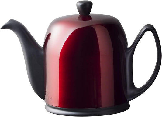 Degrenne Salam Pomme D'Amour Luxury French Tea Pot - Porcelain Teapot with Red Stainless Steel Cover, Ceramic Tea Kettle for Loose Tea, Removable Infuser, 6 Cup Capacity, 36oz - Black