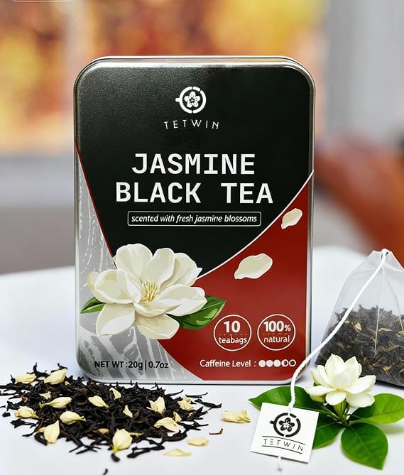 Jasmine Black Tea Bags, 3-Scented Loose Leaf in PLA teabag - Bitterness-Free, Naturally Sweet &amp; Mellow, 10 Count Portable Tin