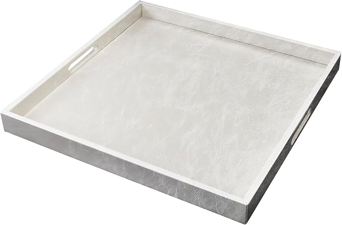 35 * 35 inches Leather Rectangle Serving Tray with Hole Handles,High-End Light Large Service Tray for Ottoman Tray, Tea, Food, Butler - Countertop