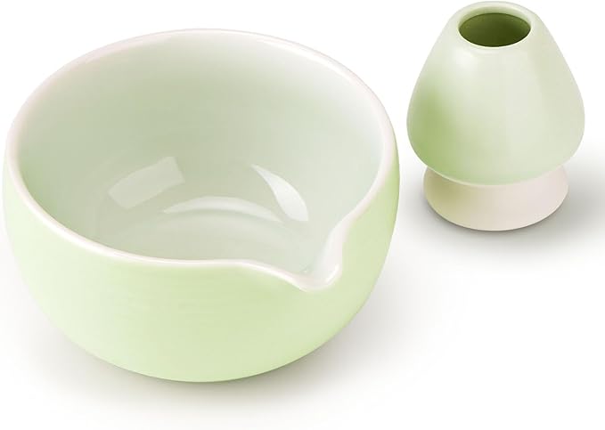 Matcha Bowl and Whisk Holder Set, Ceramic Tea Bowl and Whisk Stand, Matcha Tea Mixing Bowl with Spou
