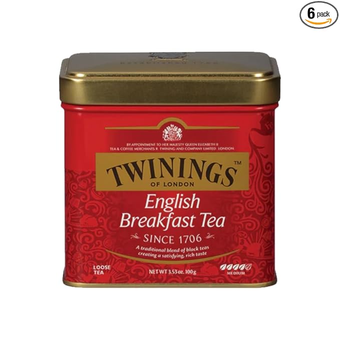 Twinings English Breakfast Loose Tea Tins, 3.53 Ounce Tins (Pack of 6), Smooth, Flavourful, Robust Black Tea Leaves, Caffeinated, Enjoy Hot or Iced