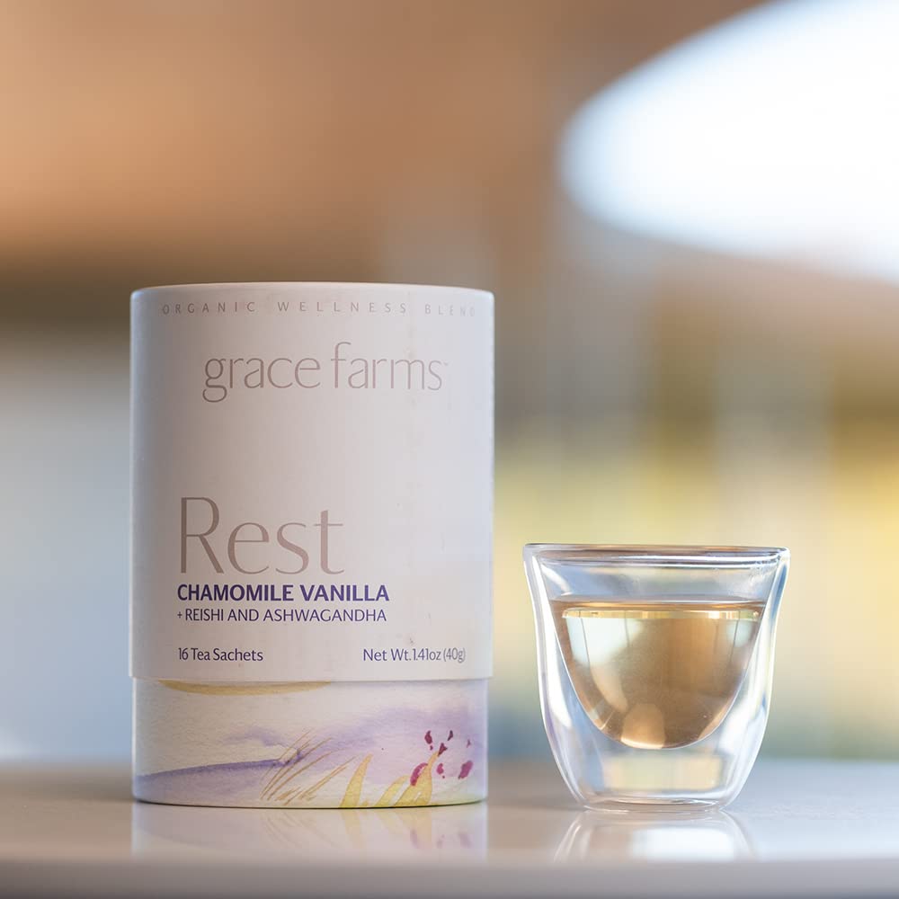 Grace Farms REST Wellness Organic Tea Blend (16 Pyramid Sachets) | Sleep and Stress Support For Evening | Chamomile Vani