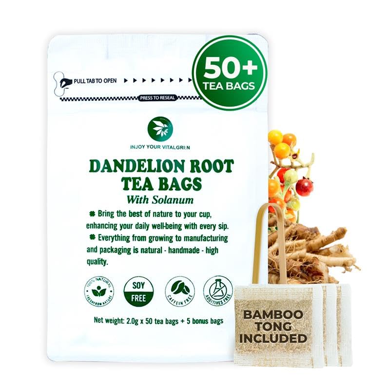 Dandelion Root Tea with Solanum Trilobatum 55 Tea Bags - 5.15 oz | Bamboo Tong, Re-Steep Pure Herbal Tea Detox Blend for Strength Balance, Energy Support