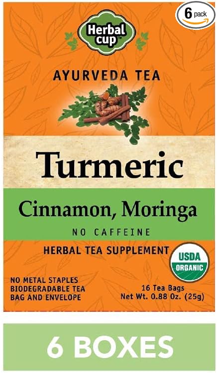 Herbal Cup Ayurveda Turmeric Tea, Organic Cinnamon Moringa, No Caffeine Herbal Supplement (16 Count, Pack of 6)