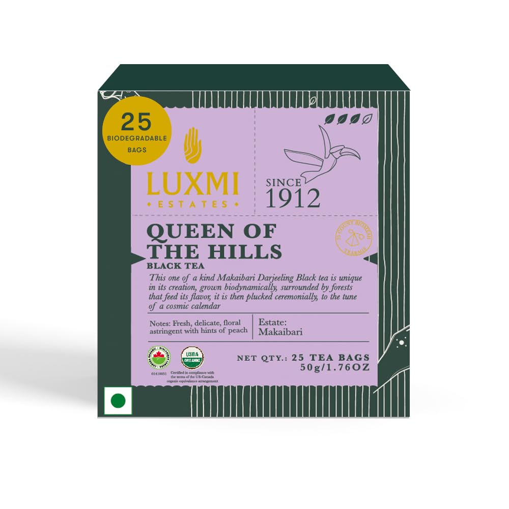 Luxmi Estates Queen of the Hills Organic Darjeeling Black Tea Blend 25 Tea Bags (1.76oz) Pack, 25 Cups, Direct from Garden