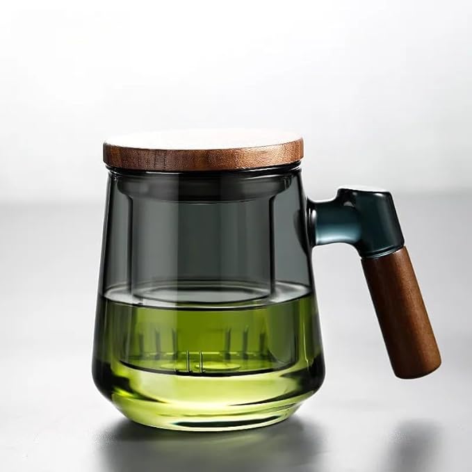 SHUWEICAO-Glass Tea Cup with Infuser and Lid, 17oz/500ml Hand-blown Borosilicate Glass Tea Mugs for Loose Leaf Tea. Gifts for Men(Classic)