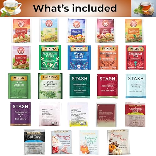 Assorted Teas Gift Advent Calendar, Seasonal Tea Sampler Variety Pack (24 Count, 24 Flavors) Holiday Gift for Family, Friends, Coworkers, Mom, Dad, Wife, Husband
