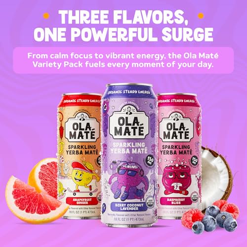 Yerba Mate Energy Drink - Low Sugar Sparkling Tea Cans Variety Pack with Ashwagandha, Lion’s Mane, USDA Organic Clean Energy Drink with 150mg Natural Caffeine, Ola Maté