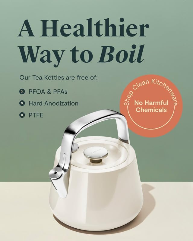 Caraway 2 Quart Whistling Tea Kettle - Durable Stainless Steel Tea Pot - Fast Boiling, Stovetop Agnostic - Non-Toxic, Ptfe & Pfoa Free