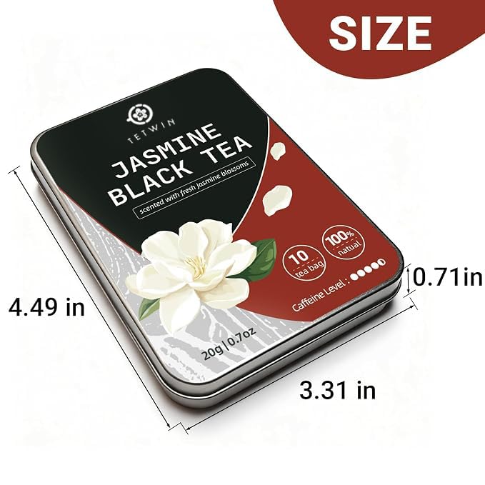 Jasmine Black Tea Bags, 3-Scented Loose Leaf in PLA teabag - Bitterness-Free, Naturally Sweet &amp; Mellow, 10 Count Portable Tin