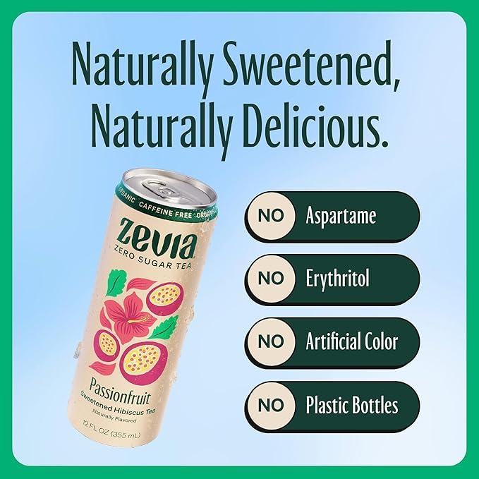 Zevia Zero Sugar Tea, Hibiscus Tea with Passionfruit Caffeine Free, 12 oz Cans (12-Pack) – Naturally Sweetened, Zero Cal