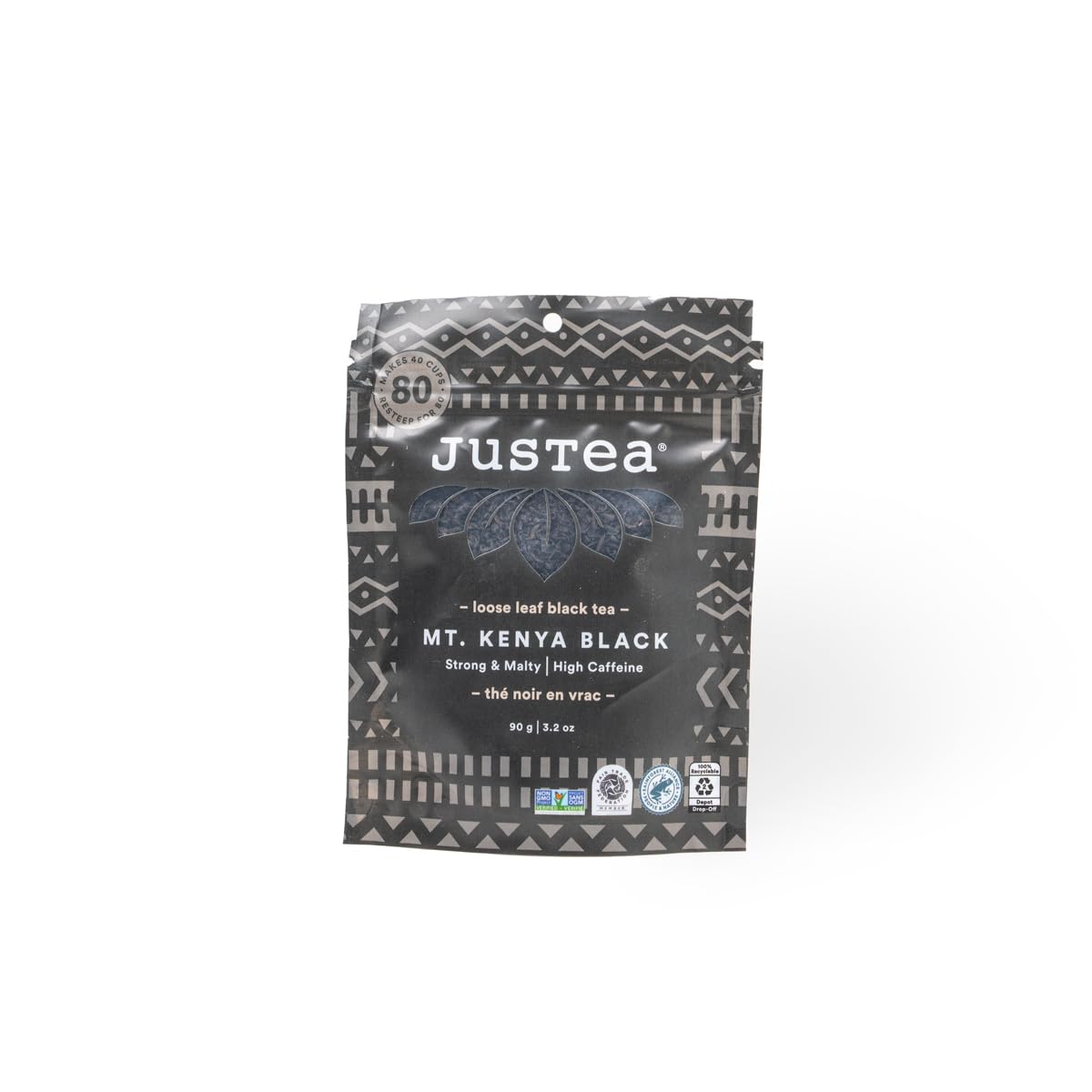JusTea MT. KENYA BLACK Loose Leaf Black Tea, 40+ Cups Pouch, 4/5 Caffeine | Fair-Trade MT. KENYA BLACK Loose Leaf Black Tea. 90g/3.2oz Resealable Pouch. Steeps 40+ cups. 4/5 Caffeine. Organic.