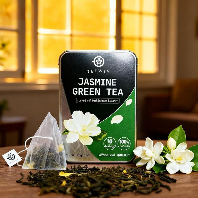 TETWIN Jasmine Green Tea Loose Leaf in PLA Tea Bags, 10ct Samplers in Mini Tin –Smooth Jasmin Aroma &amp; Gift-Ready, party favor