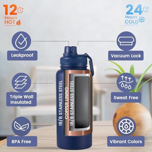 Lexlion Tea Infuser Water Bottle 32 Oz – Triple Wall Insulated Stainless Steel, Loose Leaf & Fruit Strainer, 3 Leakproof Lids, BPA-Free Silicone Sleeve, Reusable Thermal Mug