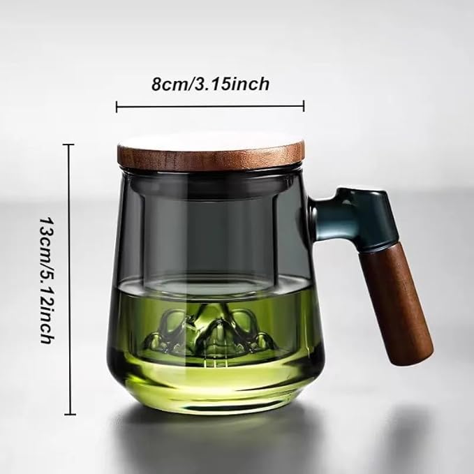 SHUWEICAO-Glass Tea Cup with Infuser and Lid, 17oz/500ml Hand-blown Borosilicate Glass Tea Mugs for Loose Leaf Tea. Gifts for Men (Landscape View Mark)