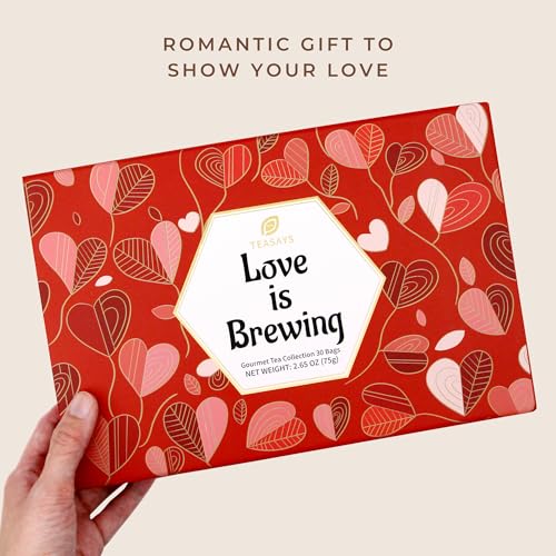 Valentine's Day Tea Gift, Love Is Brewing Tea Sampler by TEASAYS, Premium Whole Leaf Tea Bags with Love Messages, Romantic Gift for Her, Him, Girlfriend, Boyfriend, Wife, Husband, Partner
