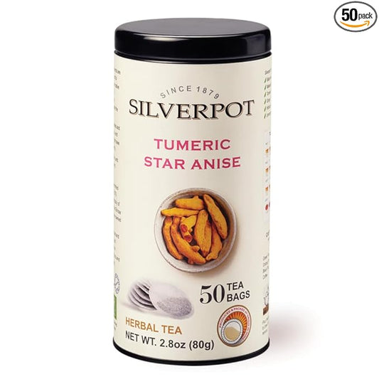 Silverpot Turmeric and Star Anise - 50 Round Tea Bags, Golden Spice, 100% Natural, Caffeine Free, Reusable Tin