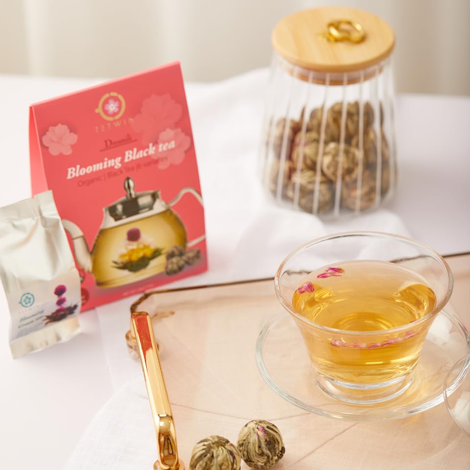 TETWIN Organic Blooming Tea Flowers 6 Tea Balls USDA Hand Tied Natural Black Tea Leaves & Edible Flowers Gifts for Tea Lovers