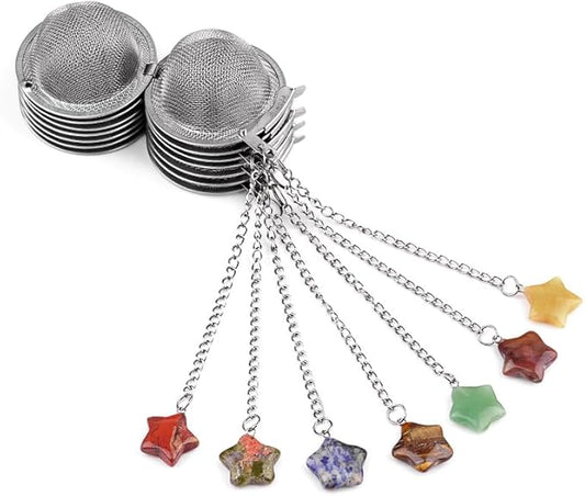 5 Pcs Tea Filter Stainless Steel with Star Crystal Energy Stone Tea Strainers with Fine Mesh Extend Chain Hook Tea Ball Infuser for Loose Tea Leaves